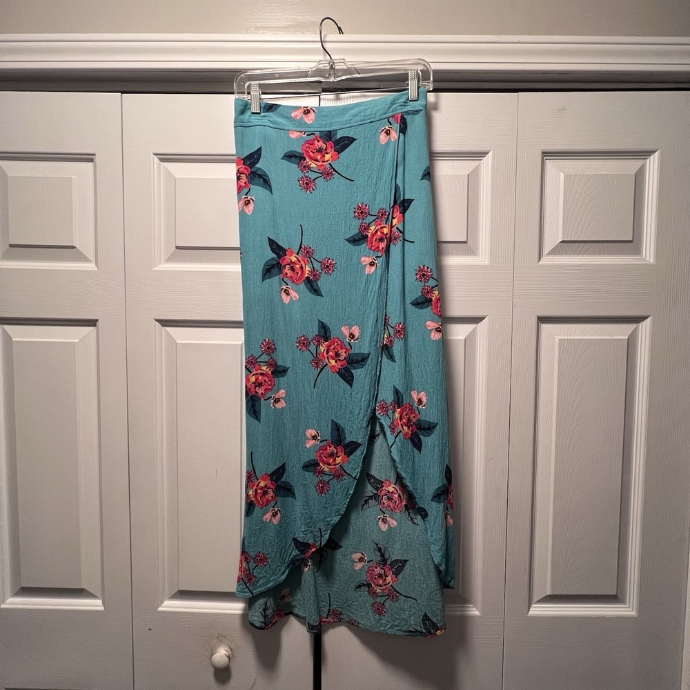 Express Teal Hawaiian Floral High Low Maxi Faux Wrap Skirt  Size Small